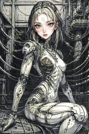 female, ((masterpiece, best quality, ultra detailed, absurdres):1.5), white hair, solo,long hair,breasts,looking at viewer,black hair,sitting,closed mouth,facial mark,traditional media,science fiction,android,joints,cable,robot joints
