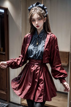 1girl, (masterpiece, best quality, ultra detailed, absurdres)1.5, 1girl, (sexy, beautiful woman, perfect face, perfect eyes, perfect female body, medium breasts),vnaodai, long sleeves, skirt