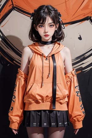 female, ((masterpiece, best quality, ultra detailed, absurdres):1.5), 1girl, bangs, beautiful, bow, ribbon, bare shoulders, frills, detached sleeves, white dress, sleeves past wrists, straplesssolo,skirt,jacket,pantyhose,choker,hood,black skirt,hoodie,drawstring,orange jacket,
orange hoodie,techcloak, black hair, 