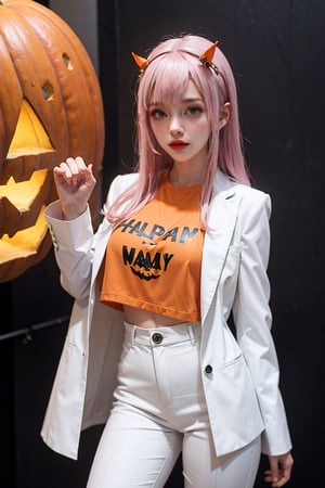 High detailed ,AgoonGirl, halloween, pumpkins,crop shirt, white suit, office,zero two