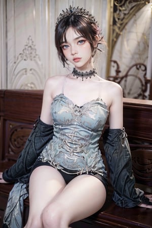 female, ((masterpiece, best quality, ultra detailed, absurdres):1.5),pink hair, solo,long hair,large breasts,looking at viewer,pink, bare shoulders, black dress, black_glove, sitting, choker,adress2, 
