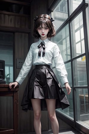 1girl, (masterpiece, best quality, ultra detailed, absurdres)1.5, hehe, white shirt, hair ribbon, skirt, bare legs,hehe, long_sleeves