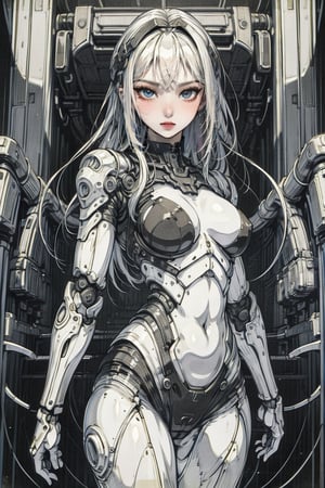 female, ((masterpiece, best quality, ultra detailed, absurdres):1.5), white hair, solo,long hair,breasts,looking at viewer,black ,robot joints