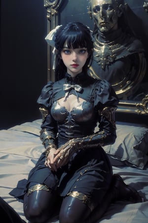 female, ((masterpiece, best quality, ultra detailed, absurdres):1.5),outdoor, long sleeves, hand on knees, blue dress, ,adress2,SharpEyess, small breast, on knees,narberal gamma,nodf_lora, in bed, maid, sexy pose