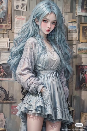 1girl, (masterpiece, best quality, ultra detailed, absurdres)1.5, long hair, bare legs, long hair
looking at viewer
long sleeves
dress
jewelry
blue hair
cowboy shot
earrings
indoors
white dress
lips
wavy hair
red lips,chung