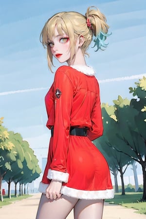 masterpiece, best quality, illustration, 1girl, in park,ZGirl,sntdrs, red santa dress,1girl