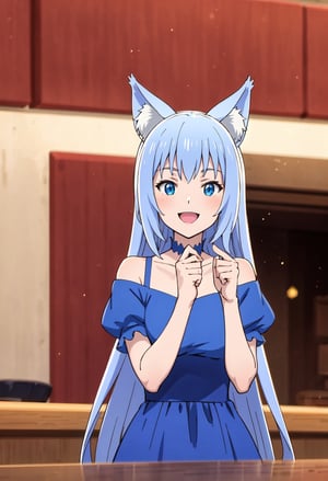 (masterpiece), best quality, hires, Fairy Queen (Toaru Ossan no VRMMO Katsudouki), happy face, (clothing), blue dress mini (👗), date at an expensive restaurant,