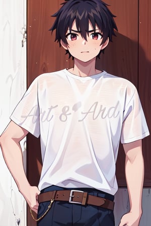 (masterpiece), best quality, (2-dimension_animated), hires, absurdres, (solo boy), good lucking face, white t-shirt, trousers, belt, (okey..!!! poses), (👌),(portrait),  ,yotsuya_yuusuke,Germany Male,blue_shirt
