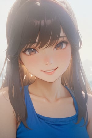 (masterpiece), best quality, 8K, anime, potrait, 1girl, teen, a 16 years old, long hair, black brown hair, smile mount, (clothing blue halter tanktop), 