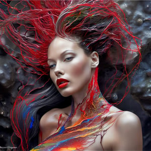 (art by Julius Theodor Christian Ratzeburg:0.8) ,art by Sherry Akrami, (((Rebecca Ferguson face))), large tits, she is in ectasy, red lips gloss, with multicolored neon veins running through their whole body, full body, concept art, hyperrealism, silver hair, colorful, complex, detailed, rocks dripping paint, smoke everywhere, hyperdetailed, entangled, dendritic , ,inst4 style,bonsai,lun4,3l3ctronics