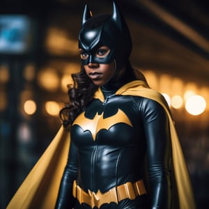 15 years old blackgirl wearing as batgirl, looking at viewer, photography, detailed skin, realistic, photo-realistic, 8k, highly detailed, full length frame, High detail RAW color art, diffused soft lighting, shallow depth of field, sharp focus, hyperrealism, cinematic lighting, realistic skin