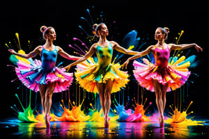 ColorART, Vibrant, dynamic, and colourful portrait photography featuring paint splashes. dripping paint, High-speed shutter, speedlight flash, long exposure. Blended light, artistic composition, amazing OHWX dressed as 2 ballerinas, High-quality, ultra high-resolution image,