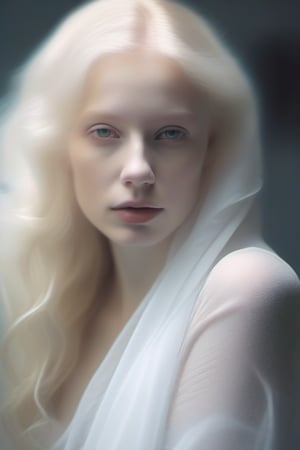 blond woman with white eyes, wearing white light see through dress and a white scarf in a white background, her hair is flowing in the wind, incredibly ethereal, ethereal hair, ethereal beauty, very ethereal, pale skin curly blond hair, a stunning young ethereal figure, pale complexion, soft portrait shot 8 k, a still of an ethereal, pale woman, big tits, soft ethereal lighting, porcelain pale skin, portrait of albino mystic, ethereal soft and fuzzy glow, cinematics, color grading, ultra-wide angle, depth of field, hyper detailed, whole body view,