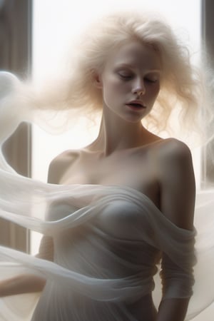 blond woman with white eyes, wearing white light see through dress and a white scarf in a white background, her hair is flowing in the wind, incredibly ethereal, ethereal hair, ethereal beauty, very ethereal, pale skin curly blond hair, a stunning young ethereal figure, pale complexion, soft portrait shot 8 k, a still of an ethereal, pale woman, medium far view, big tits, soft ethereal lighting, porcelain pale skin, albino mystic, ethereal soft and fuzzy glow, cinematics, color grading, ultra-wide angle, depth of field, hyper detailed, ((whole body view)),Leonardo Style