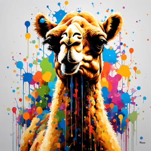 camel , Made in canvas,  viewer,  Colourful,  ultra realistic,  unreal engine , dripping paint,  side view, Emu made entirely of coloured paint and splattered with paint,  abstact, ,dripping paint, full shot, full body, background multicolorsjungle