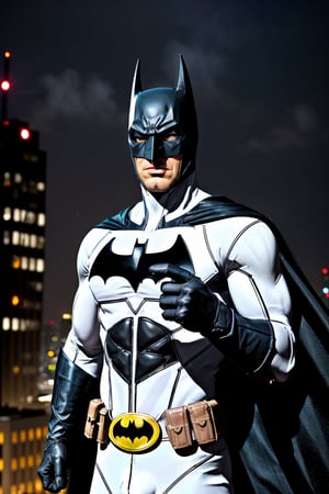 Jaimee Foxx as ((batman)), ((african man)), comic book style, flashpoint batman, black skin, he see at sideways, dark scene, ((batman White suit)), cowboy shot of batman, athletic, white eyes, no pupils, night city, mist, particles, male focus, mask, muscular, muscular male, ragged and torn cape, night, outdoors, rain, serious, dark armosphere, detailed background, cinematic ready for battle pose, dark black cape, darker belt, lurking on top of a big statue, thin yellow outline on batman logo on chest, no logo on belt buckle,Epicrealism