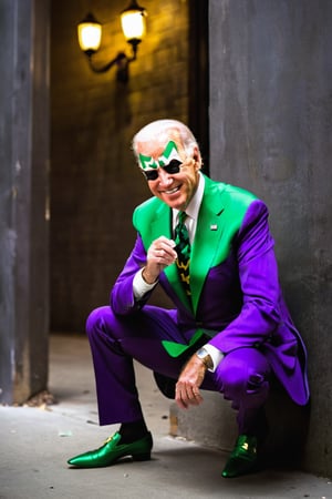 Joe Biden, donning a menacing grin and eccentric costume, poses confidently as the Riddler. A dark alleyway's dim lighting casts long shadows on the walls as he crouches low, fingers drumming against his chin. The iconic purple suit is tailored to perfection, ((question sign)) on his suit, complete with riddling clue cards scattered at his feet. A cityscape's towering skyscrapers loom in the background, adding depth to this whimsical Batman-inspired scene.