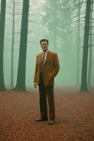 cinematic of Copper ((Kyle MacLachlan)), detective in Twin Peaks side a Pontiac, sci-fi, thick fog, neon, forestpunk, filmed by an Super 8 mm camera, inspired by the series Stranger Things,Movie Still,old style,Landskaper, willow background,