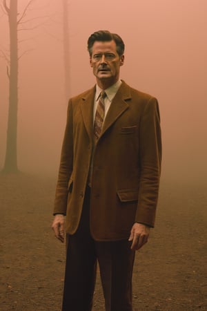 cinematic of Copper ((Kyle MacLachlan)), detective in Twin Peaks side a Pontiac, sci-fi, thick fog, neon, forestpunk, filmed by an Super 8 mm camera, inspired by the series Stranger Things,Movie Still,old style,Landskaper