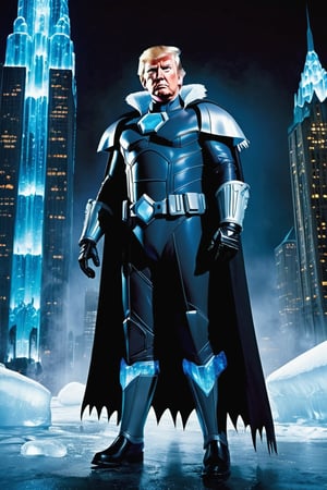 A dark and gritty Gotham City nightscape with towering skyscrapers and a hint of neon lights reflects off ((Donald Trump's )) imposing figure, clad in the iconic Mr. Freeze costume, complete with icy blue armor and a menacing scowl. He stands tall amidst a backdrop of frozen icicles, his hands clasped behind his back as if plotting his next move.