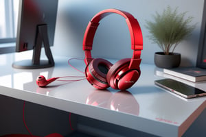 Render an ultra-realistic red walkman sony,with headphones,  under office desk, whole view, mirrored reflective art, great angular, 