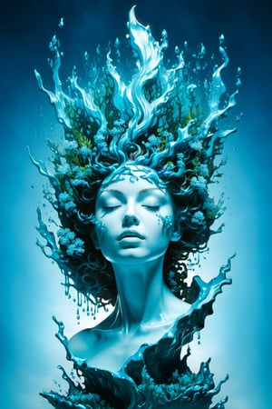 Digital art, by IrinaKapi. Masterpiece, splash, a girl created from blue topaz like a statue, themed blue topaz, curly, full portrait, starlight gas atmosphere background, ethereal, luminous, filigree, liquid, translucency aura, slight glow, ultra details. Alberto Seveso,Leonardo Style,dripping paint,photo r3al,bonsai