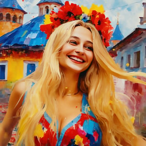 (masterpiece,  best quality:1.4), Ukranian villager dancing in colorful dress, very long blonde hair, big tits, red lips, top view, smiling and looking up,dripping paint, she has flowers' crown, town streets in the background,abstact,MadeClinev001