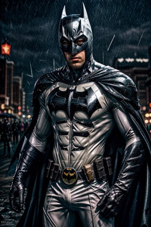 Jaimee Foxx as ((batman)), ((african man)), comic book style, flashpoint batman, black skin, he see at sideways, dark scene, ((batman White suit)), cowboy shot of batman, athletic, white eyes, no pupils, night city, mist, particles, male focus, mask, muscular, muscular male, ragged and torn cape, night, outdoors, rain, serious, dark armosphere, detailed background, cinematic ready for battle pose, dark black cape, darker belt, lurking on top of a big statue, thin yellow outline on batman logo on chest, no logo on belt buckle,Epicrealism,l4tex4rmor