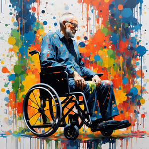 man in wheelchair , Made in canvas,  viewer,  Colourful,  ultra realistic,  unreal engine , dripping paint,  side view, man made entirely of coloured paint and splattered with paint,  abstact, ,dripping paint, full shot, full body, background multicolorsjungle