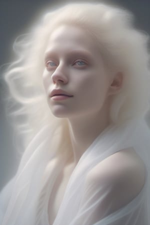 blond woman with white eyes, wearing white light see through dress and a white scarf in a white background, her hair is flowing in the wind, incredibly ethereal, ethereal hair, ethereal beauty, very ethereal, pale skin curly blond hair, a stunning young ethereal figure, pale complexion, soft portrait shot 8 k, a still of an ethereal, pale woman, big tits, soft ethereal lighting, porcelain pale skin, portrait of albino mystic, ethereal soft and fuzzy glow, cinematics, color grading, ultra-wide angle, depth of field, hyper detailed, whole body view,Leonardo Style