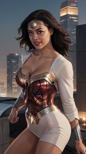 (((Viola Davis Face))), (((Wonder Woman))), ((very black woman)), (((african woman))), (((black skin))), (masterpiece,  best quality), ((perfect lips)),  ((perfect nose)),  (((big tits))), (((perfect fingers))),  (((perfect eyes))),  (((sparkling black eyes))),  ((symmetrical eyes)),  (((slim))),  skinny,  tall,  detailed skin texture,  (smile),  ((happy)),  (white skin),  soft skin,  (long black hair),  ((messy hair)),  (high res),  (best quality),  (((jumping on a skyscraper roof))),  (((dancing))),  (supermodel body),  absurdres,  wind,  fog,  wide cityscape exterior, particles,  DOF,  ultra high detailed photograph,  super detailed beautiful face,  ultrarealistic,  ultra high detailed eyes,  perfectly round red iris,  facing camera,  look award winning photography,  cinematic lighting,  32k,  photorealism,  UHD,  rule of thirds,  monovisions,  DOF,  vogue,  ultra detail,  cinematic lighting,  high contrast,  high sharpness,  tone mapping,  retouched,  ambient occlusion,  octane render,  dreamy,  wonder woman,  Wonder Woman,  swingsuit,  superhero,  joyful,  cheerful,  laughing, wonder woman, Wonder Woman,  (((superhero white suit))), covered nipples,Detailedface
