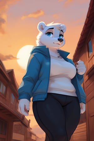 polar bear, ursine, female, white body, white fur, blue eyes, big breasts, thick thighs, wide hips, medium chubby
clothing, clothes, sportswear, ((blue jacket, black leggings)), tight clothes
((Low-angle view)), (((three-quarter view))), seductive, walking
Outdoors, clouds, orange sky, houses, sunset
Cartoon, masterpiece, best quality, 4k, 8k, high resolution, ultra-detailed, vivid colors, cel-shading, character design, expressive faces, by Siroc