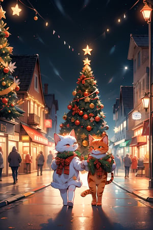 Two little orange Cats are walking together wearing Christmas outfit, in a town street, night, beautiful Christmas tree, beautiful decorated town for christmas, crowded are,