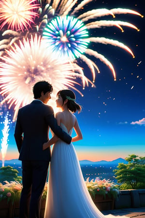 A couple getting married, outdoor, landscape, fireworks in a sky says"Happy New Year 2024".
Raw photo, depth of field, UHD, retina, masterpiece, super detail, high details, high quality, award winning, best quality, highres, 1080P, HD, 4K, 8k, 16k, cinematic light, (masterpiece, best quality, ultra-detailed, 8K), dreamlike, aesthetic art, digital art, professional artwork, immersive, intricate details, captivating natural beauty, hyper-detailed, (studio ghibli), makoto shinkai, trending in artstation,boy,midjourney,photorealistic,more detail XL, Unreal engine 5,