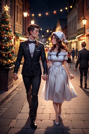 Two couples are walking together holding hands and wearing Classic outfit, in a town street, night, beautiful Christmas tree, beautiful decorated town for christmas, crowded are, romantic atmosphere,