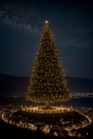 A beautiful enchanted Christmas tree, detailed landscape, on the top of the mountain, a whole village is visible from the top, Medieval era, fantasy world, night, starry sky, river visible from the top of the mountain 