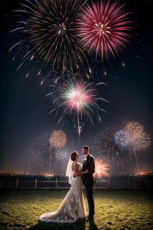 A couple getting married, outdoor, landscape, fireworks in a sky says "2024", add text "Happy New Year 2024"
,photorealistic,