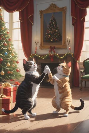 Two cats, wearing classical outfits, dancing in a room, Christmas Party, Christmas tree in the background, romantic atmosphere, looking at eachother