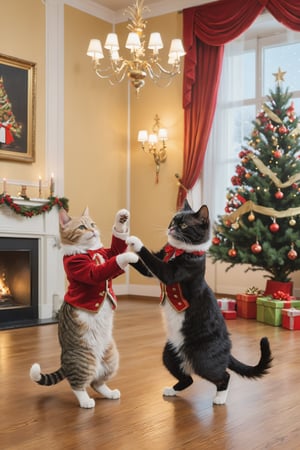 Two cats, wearing classical outfits, dancing in a room, Christmas Party, Christmas tree in the background, romantic atmosphere,