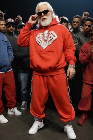 Santa claus, wearing a designer hoodie and baggy pants, wearing chain, showing his sneakers made of diamonds, wearing sunglasses, in hood, crowd watching him,Movie Still