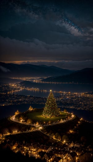 A beautiful enchanted Christmas tree, detailed landscape, on the top of the mountain, a whole village is visible from the top, Medieval era, fantasy world, night, starry sky, river visible from the top of the mountain, castle, fireworks