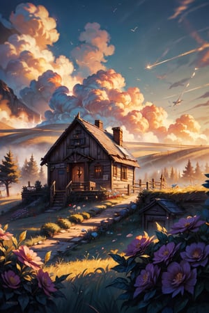 A beautiful small hut, hut's roof covered in a lot of flowers, beautiful clouds, forest, little farm infront of house, vegetable basket near the farm, smoke coming out of chimney, medieval era, fantasy world, Raw photo, depth of field, UHD, retina, masterpiece, super detail, high details, high quality, award winning, best quality, highres, 1080P, HD, 4K, 8k, 16k, cinematic light, (world of the warcraft), (masterpiece, best quality, ultra-detailed, 8K), 