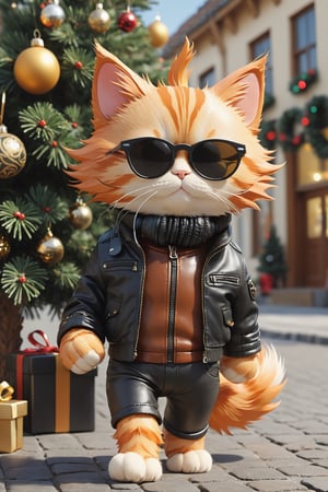 An orange cat, wearing a leather jacket and pants, walking in a town near a Christmas tree, wearing a headphone and sunglass, Christmas decoration,more detail XL,Xxmix_Catecat