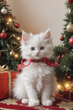 A fluffy white little kitten, wearing a beautiful enchanted frock, posing in a home near a Christmas tree, Christmas decoration,more detail XL,Xxmix_Catecat