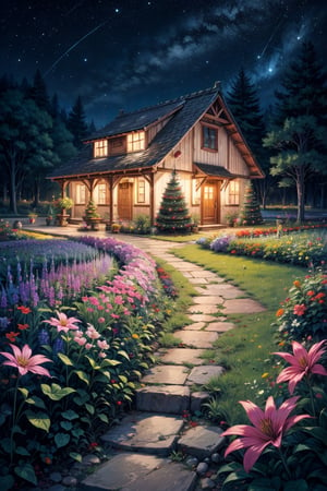 beautiful flower field, colourful flowers, A small house far away in Christmas decoration, a stone pathway, fireflies,