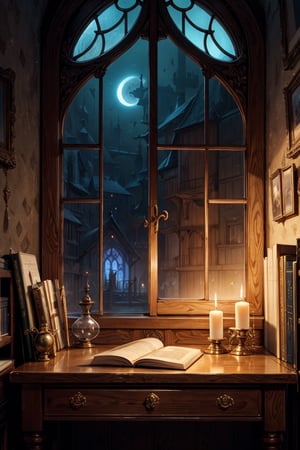 Generate an image of a medieval-fantasy study desk bathed in the soft glow of candlelight. The desk should be cluttered with aged parchments, quills, and an open leather-bound book with ornate illustrations. On the desk, place an antique brass hourglass, a potion vial filled with a glowing substance, and a small wooden box containing magical artifacts. Pay attention to the textures and details, such as the weathered wood of the desk and the flickering flames of the candles. Through the window, reveal a moonlit landscape with ancient trees, a winding path, and a mystical aura. Convey the sense of mystery and enchantment within this medieval-fantasy scholar's study.
medieval era, fantasy world, Raw photo, depth of field, UHD, retina, masterpiece, super detail, high details, high quality, award winning, best quality, highres, 1080P, HD, 4K, 8k, 16k, cinematic light, (masterpiece, best quality, ultra-detailed, 8K), dreamlike, aesthetic art, digital art, professional artwork, immersive, intricate details, captivating natural beauty, hyper-detailed, (studio ghibli), makoto shinkai, trending in artstation,boy,midjourney