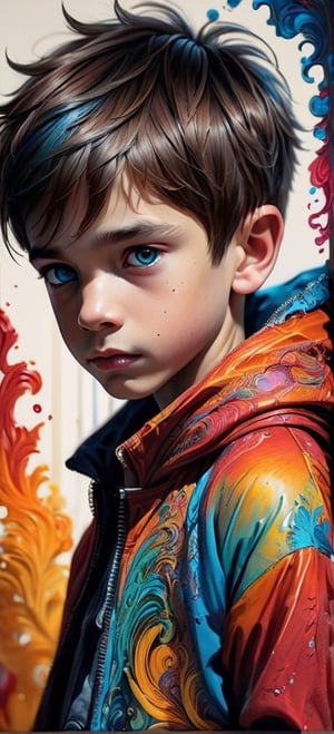 ten year old , Colorful beautiful boy portrait: Black ink flow: 8k resolution photorealistic masterpiece: by Aaron Horkey and Jeremy Mann: intricately detailed fluid gouache painting: by Jean Baptiste Mongue: calligraphy: acrylic: watercolor art, professional photography, natural lighting, volumetric lighting maximalist photoillustration: by marton bobzert: 8k resolution concept art intricately detailed, complex, elegant, expansive, fantastical