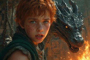 A mesmerizing (closeup of an alluring eleven year old boy warrior), his copper hair messy and unkempt, green eyes piercing as flames lick at tattered fabric clinging to his flawless pale skin with subtle freckles. Chains bind his body as he dangles suspended from a tree, tears rolling down his cheeks as he cries and screams. His toned body is showcased against the majestic Nordic landscape of ancient ruins and towering mountains, warm firelight highlighting his features. The camera captures every detail: realistic facial texture,and anatomical precision. The air is thick with wonder as an English-style black (((dragon))) majestically fills the backdrop, its massive presence complemented by a stone pedestal bearing the carved text: ['Here be Dragons!'].