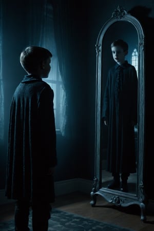 A haunting digital painting of a young boy standing in front of a mirror, his reflection showing a demonic version of himself. A ghost is looking at him from the mirror. The room is filled with shadows and the only light comes from a candle on a nearby table, casting flickering shadows on the walls. The overall style is inspired by Tim Burton's gothic art, and the image is rendered using Octane Render for maximum detail and realism. The color scheme is dark and eerie, with shades of black, gray, and muted blues.
,detailmaster2,Movie Still,Film Still,Cinematic,Cinematic Shot