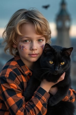 Halloween theme, a  young boy  11yo holding a black cat , his face is coloured with Halloween  decorations  , on a high Tower background 